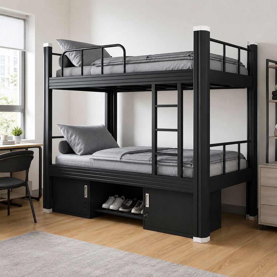 Modern Full Over Full Space Saving Heavy Duty Metal Steel Double Deck Bunk Bed Frame with Storage Stairs for Adult Dormitory