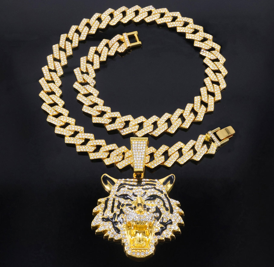 European American Cool Three-Dimensional Oil Painting Tiger Head Pendant Necklace Men Hip-Hop Fashion Trendy Alloy Chains